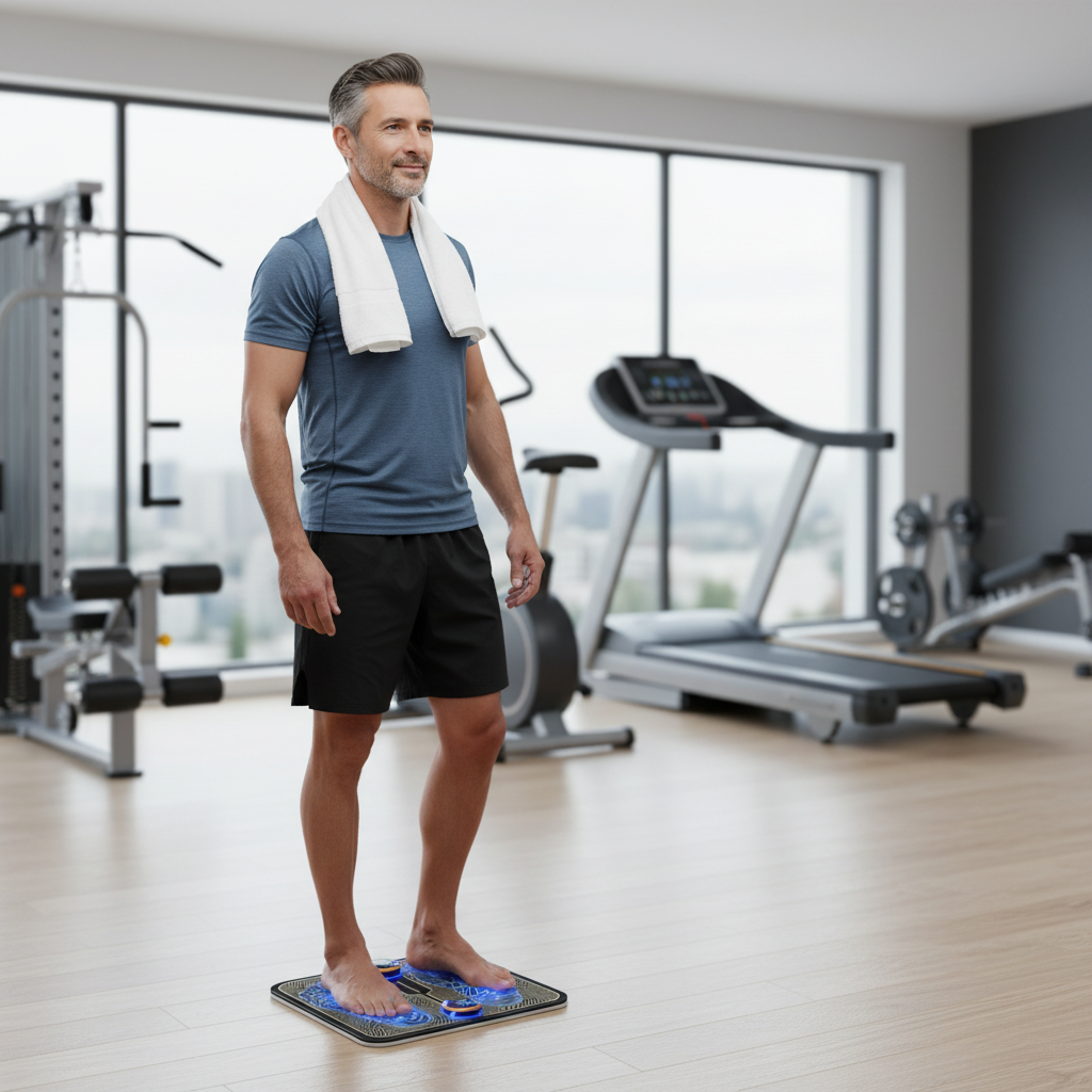 Man standing on compact EMS foot massage mat with correct orientation